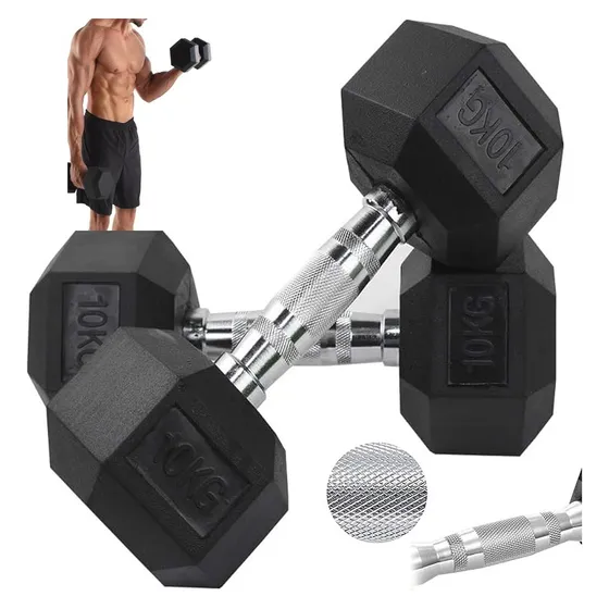 Halteres 10kg Emborrachado Cromado Sextavado Dumbbel  (par)