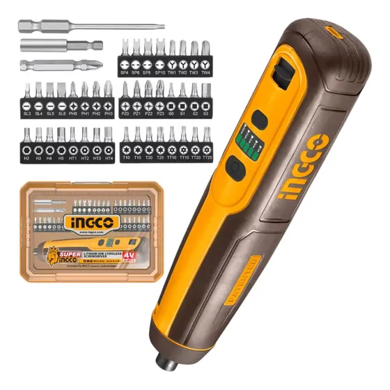 Atornillador Inalambrico 1/4 Ingco Go 4v + Puntas Y Estuche Color Amarillo
