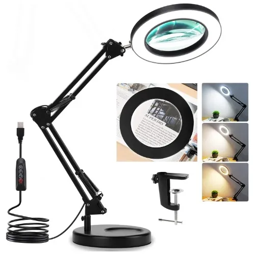 Lámpara Lupa De Aumento Lente Circular Luz Led Soporte 2en1