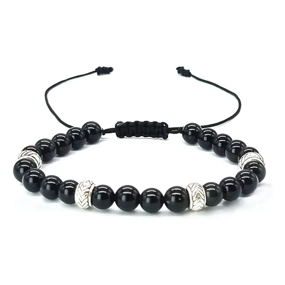 Pulsera Obsidiana Negra Y Plata Ajustable Para Protección