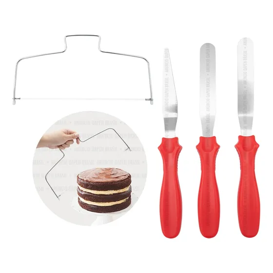 Kit Cortador Nivelador De Bolo + 3 Espátulas Confeitaria
