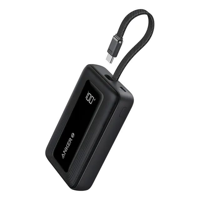 Power Bank Anker Zolo 10,000mAh 30W Bateria Portátil de Alta Velocidad con Cable USB-C Integrado Y Pantalla Digital , Batería de Carga Rápida para iPhone 15/16 Series, MacBook, Galaxy, Color Negro