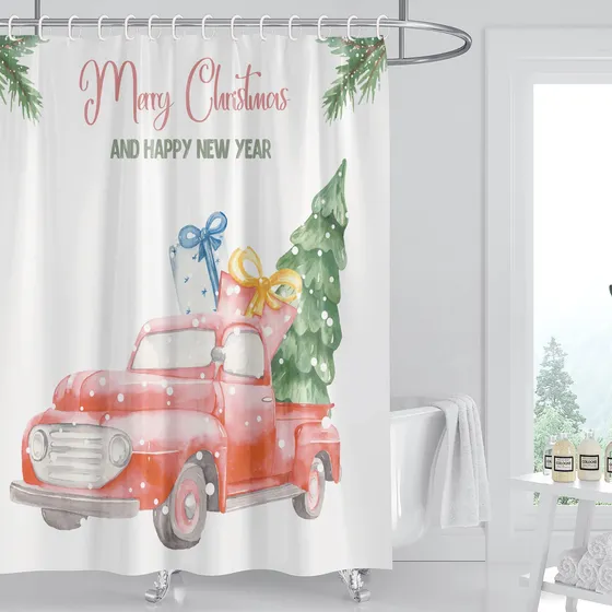 Cedriel Cortina Ducha Camion Navidad Feliz Rojo Retro Caja X