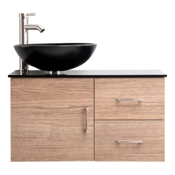 Vanitorio Vessanti Milán de 74cm de ancho, 40cm de alto y 46cm de profundidad y mueble negro/natural con un agujero para grifería