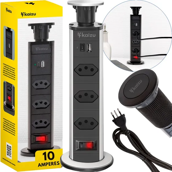 Torre De Tomada Embutir Multiplug 3 Usb Tipo-c 110/220v Mesa