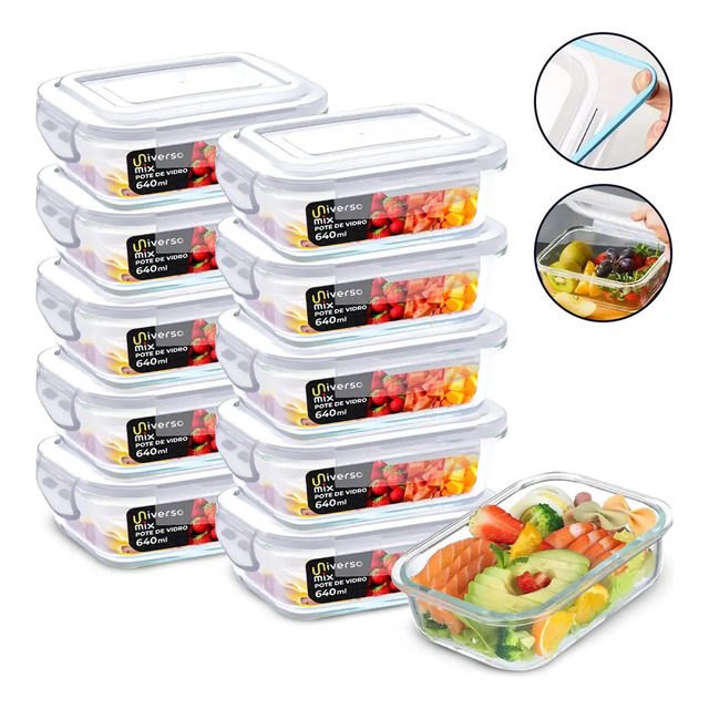 Conjunto 10 Potes 640ml Vidro Hermético 4 Travas Marmita Universo Mix Branco