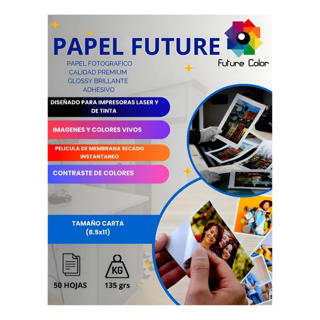 1 Paquete Papel Adhesivo Foto Glossy 135gr 50hjs Carta Color Blanco