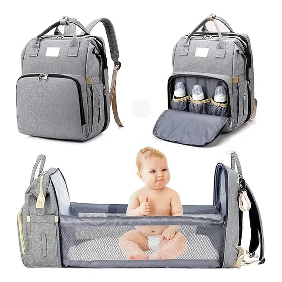 Mochila 3 En 1 Pañalera Cuna Y Mudador Portátil Para Bebés Color Gris