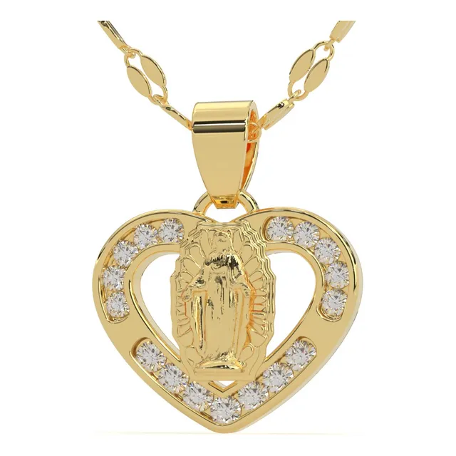 Medalla Corazón Virgen Guadalupe Con Cadena Oro Sólido 14k Color Amarillo