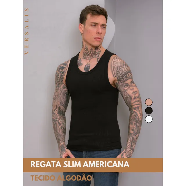 Regata Masculina Americana Slim Algodão Lisa Canelada