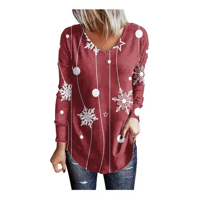 Camisa Roja Navidad Para Mujer Manga Larga Cuello Redondo