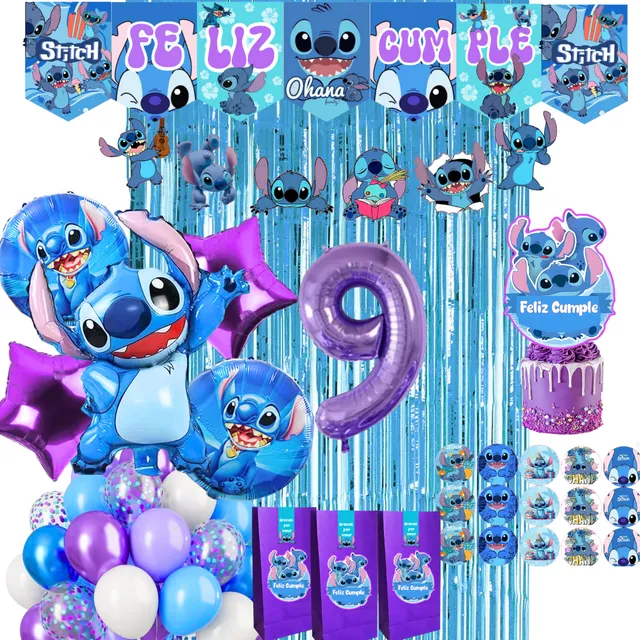 Combo Globos Stitch Bolsita Banderin Stickers Topper Guirnal