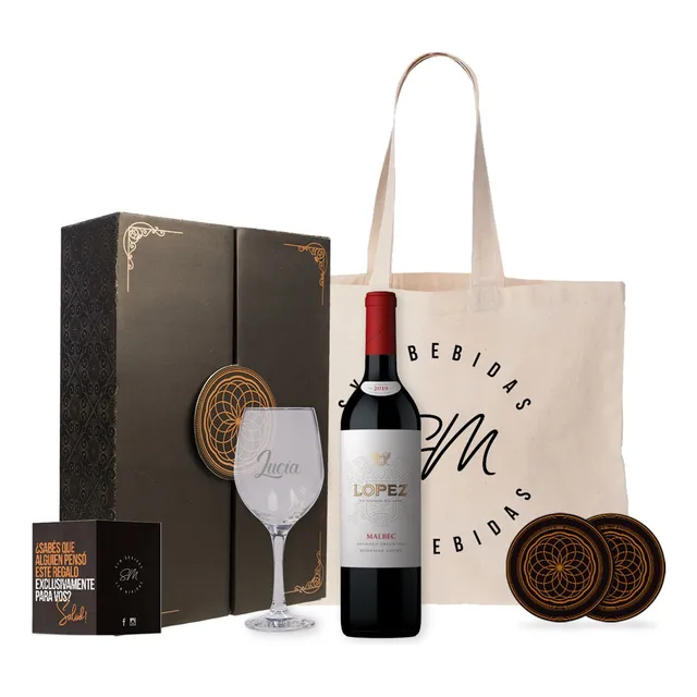 Box Vino Lopez Malbec 750ml Con Copa Transparente Regalo