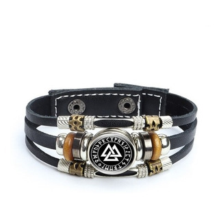 Pulsera Brazalete Valknut Vegvisir Vikingo Runa Acero Cuero Pulsera Brazalete Valknut Vegvisir Vikingo Runa Acero Cuero
