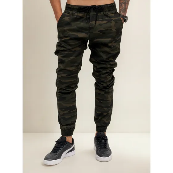Calças Jeans Camuflada Masculina Jogger Com Punho Elastico