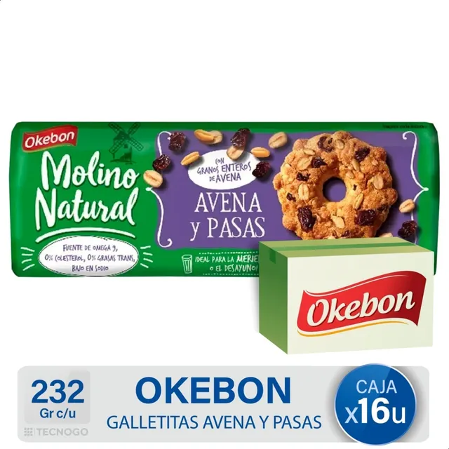 Caja Galletitas Okebon Molino Natural Avena Y Pasas Pack