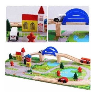 Juguete Didáctico Ciudad Pista De Autos Con Puente De Madera Juguete Didáctico Ciudad Pista De Autos Con Puente De Madera