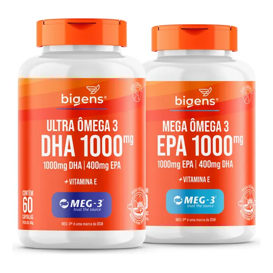 Kit Com Ultra Ômega 3 Dha 1000mg + Mega Ômega 3 Com Epa 1000mg + Vitamina E, 120 Cápsulas | Bigens