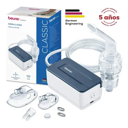 Nebulizador Compacto Con Tecnología De Aire Comprimido Inhalador A Pistón Portátil Beurer Ih 15 Blanco Y Azul