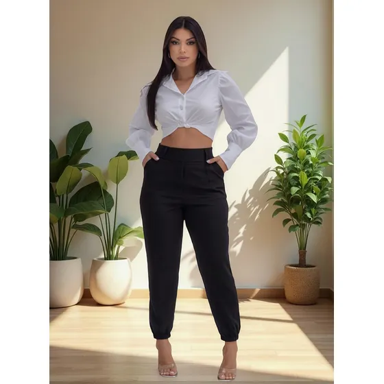 Calça Feminina Jogger Com Cós Elástico Tecido Alfaitaria