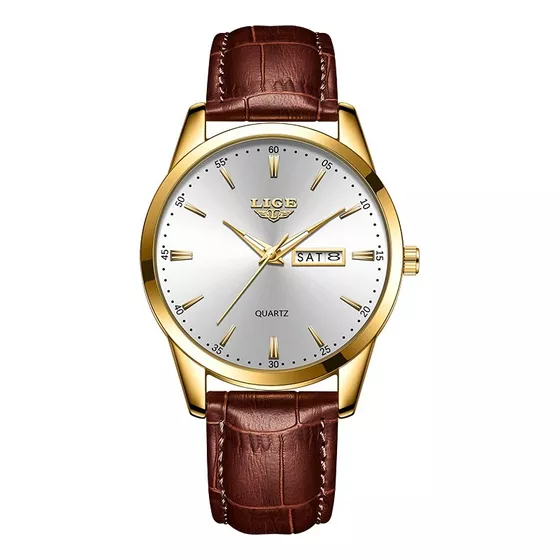 Reloj De Cuarzo Hombre Lige LG8970 Pulsera De Cuero Correa Marrón Bisel Dorado Fondo Blanco Quartz 3 ATM 22mm Anchura Wristwatch