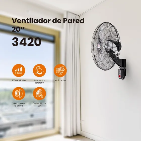 Ventilador Pared 20 Pulgadas Mytek 3420 Metálico/90° Oscil. Cantidad De Aspas 3 Estructura Negro Aspas Plata Diámetro 51 Cm Material De Las Aspas Aluminio