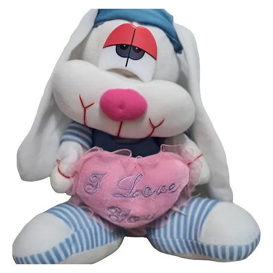 Peluche Pelana Conejo Orejon Azul Rosado I Love 40 Cms