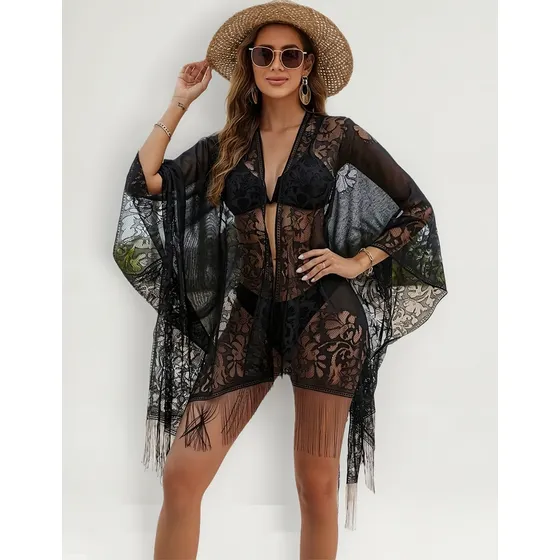 Kimono De Encaje Con Flecos Manga Murciélago