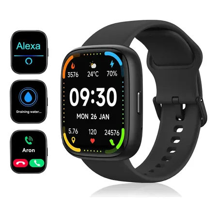 Smartwatch 1.83" Con Alexa Bluetooth Llamada Reloj Inteligente Kw02 Con Correa Silicona Ip68 Color Negro