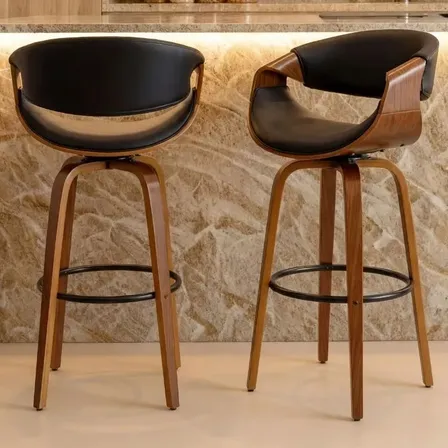 Kit 2 Banquetas Nicole Moderna Design Confortável Madeira E Couro Sintético Pu Preto