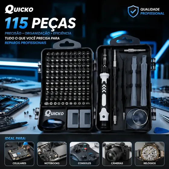 Kit Jogo de Ferramentas Precisão Magnético 115 Peças Quicko para Reparação Kit Completo Para Assiste