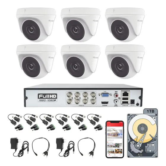 Kit Circuito Cerrado Hilook Dvr 8 Canales 6 Camaras Domo 1080p 2mp Full Hd Thc-t120-pc Video Baluns + Disco Duro 1tb