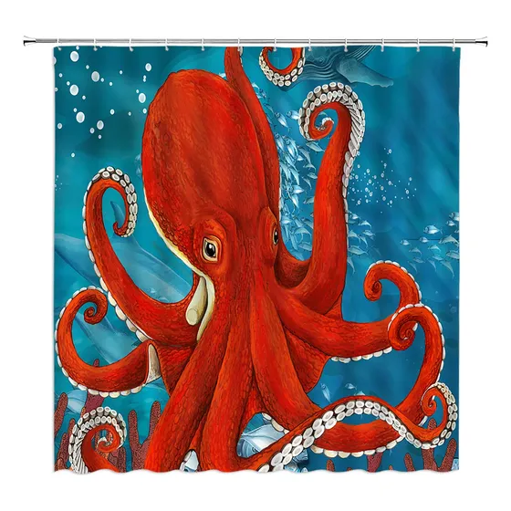 Cortina Ducha Pulpo Rojo Oceano Diseño Animal Karken Nautico