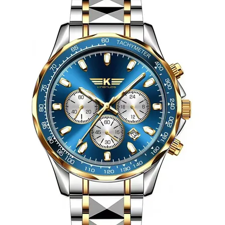 Relógio Masculino Estilo Executivo Aço Inoxidável Quartz Oro Dourado Azul