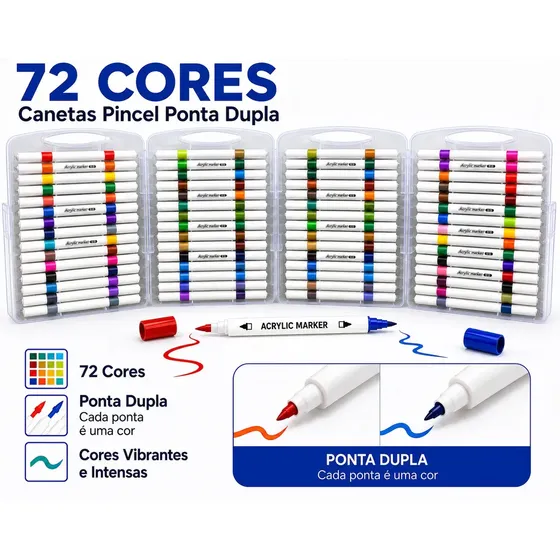 Caneta Marcadora Acrílica 72 Cores Canetinha Ponta Pincel Profissional Para Desenho Pintura Colorir Artesanato Madeira Vidro Plástico Metal Resina Scrapbook Marca Texto Estojo