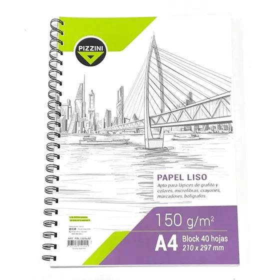 Block Papel Dibujo A4 40 Hojas 150 Gr Pizzini Liso Lateral 