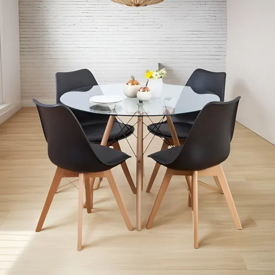 Juego Comedor Mesa Redonda Eames Vidrio 100 + 4 Sillas Tulip