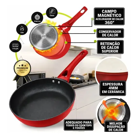 Frigideira Cerâmica 24cm Antiaderente Grande Fogão A Gás Indução Cooktop Elétrico Panela Frita Sem Óleo Não Gruda Rishon Vermelha Vermelho