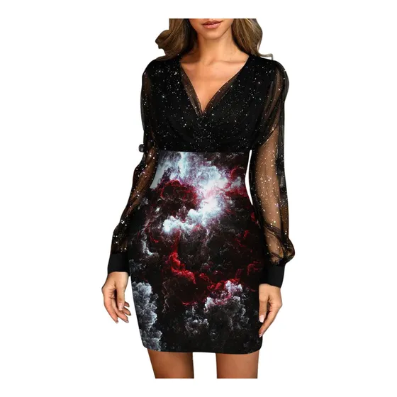 Vestido Brillante Para Mujer 2023 Manga Larga Estampado V