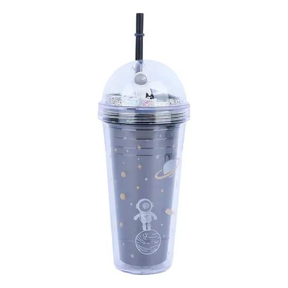 Miniso Vaso De Dos Capas Con Popote Plástico Negro 420ml