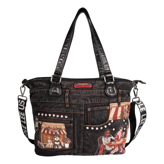 Maxi Tote Nicole Lee De Mezclilla Sisters Secret Ss24 Acabado De Los Herrajes Níquel Correa De Hombro Negro Diseño De La Tela Lisa