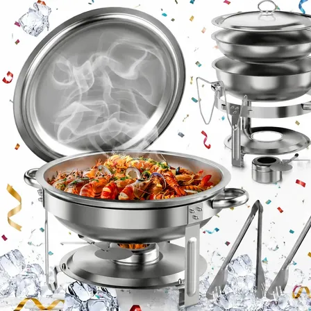 Rechaud Redondo 6 Litros Aço Inox com Queimador a Álcool Buffet Profissional Banho Maria Aquecedor de Alimentos para Restaurante Hotel Catering Eventos Tampa Premium