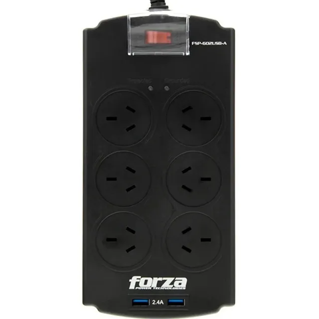 ZAPATILLA ENCHUFE PROTECTOR TENSIÓN FORZA 6 TOMAS + USB COLOR NEGRO
