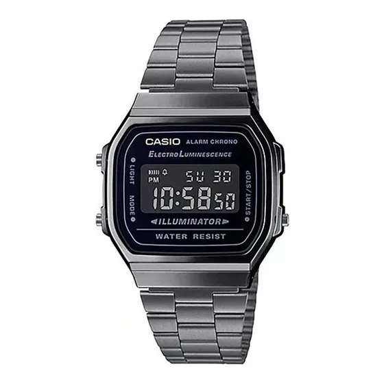 Reloj pulsera digital Casio A-168WGG-1B con correa de acero inoxidable color plateado - fondo negro