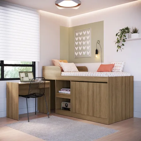 Cama Alta + Escritorio 2 Puertas 1,5 Pza Hoga Jamaica Miel