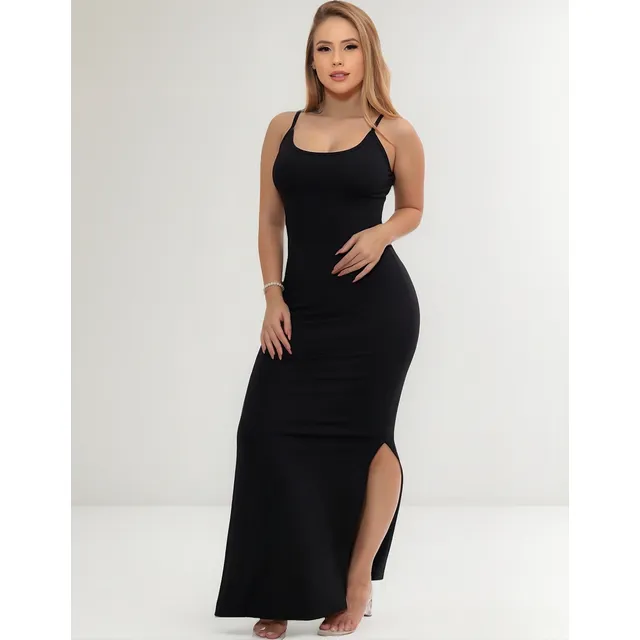 Novo Vestido Longo Alcinha Canelado Fenda Lateral Casual