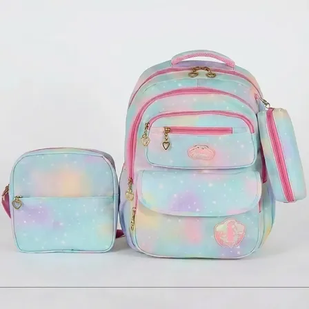 Kit Mochila Escolar Com Lancheira Estojo Juvenil Infantil Menina Reforçada Bolso Garrafa Compartimentos Tie Dye Fofa Tippi Cor Azul