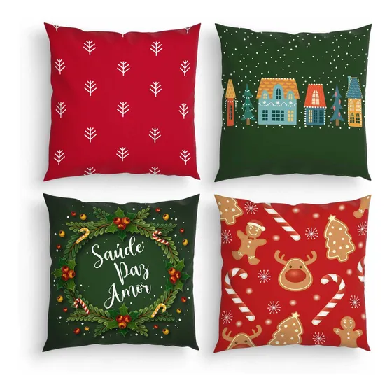 Kit 4 Capas De Almofadas Decorativas Natal Vermelha E Verde Cor Vermelho Natal Verde E Vermelho