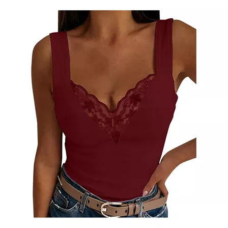 Camisa Corta De Encaje Y Retazos Con Cuello En V Para Mujer