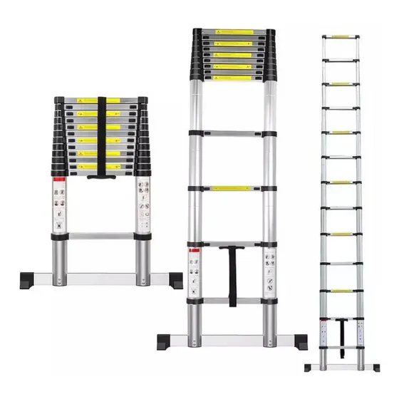 Escalera Telescopica 3.8 M Retractil Homex Estabilizador Col Plateado